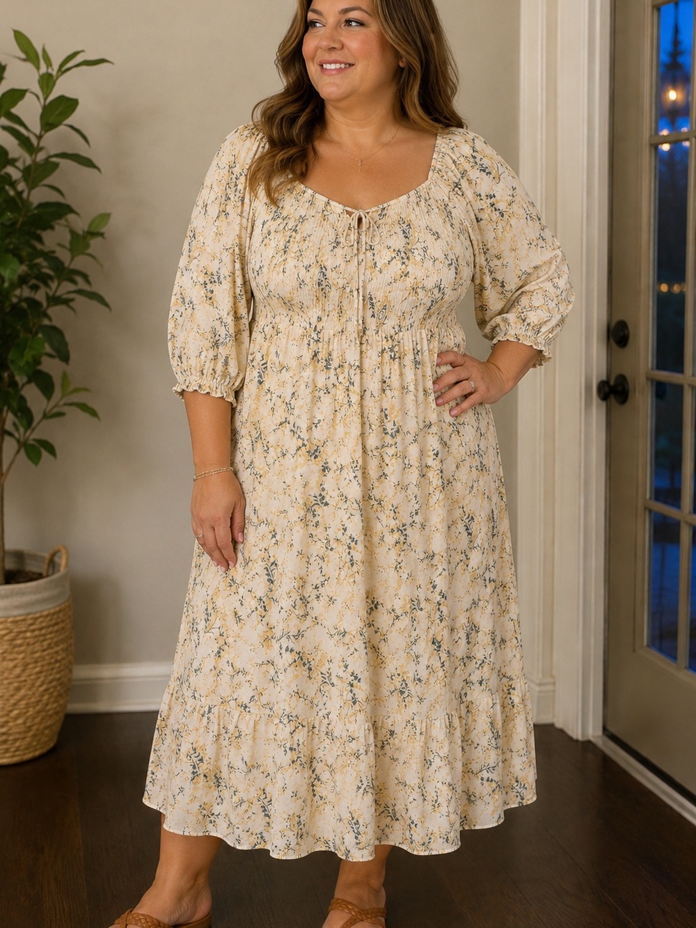 Lucky Brand Cream Floral Maxi with Smocked Bodice and Puff Sleeves